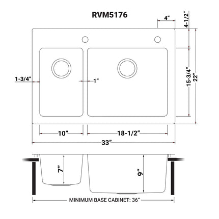 Ruvati 33 x 22 inch Drop-in Topmount Kitchen Sink 16 Gauge Stainless Steel 30/70 Double Bowl - RVM5176 Ruvati