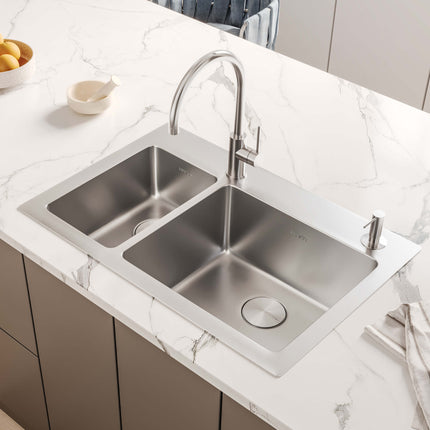 Ruvati 33 x 22 inch Drop-in Topmount Kitchen Sink 16 Gauge Stainless Steel 30/70 Double Bowl - RVM5176 Ruvati
