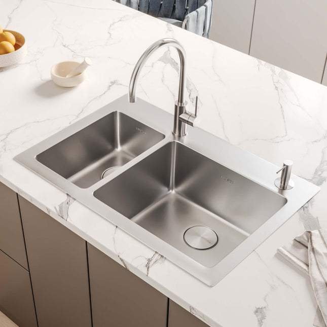 Ruvati 33 x 22 inch Drop-in Topmount Kitchen Sink 16 Gauge Stainless Steel 30/70 Double Bowl - RVM5176 Ruvati