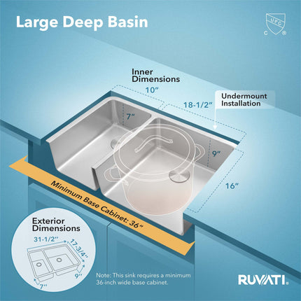 Ruvati 32-inch Undermount Kitchen Sink 30/70 Double Bowl 16 Gauge Stainless Steel - RVM5307 Ruvati