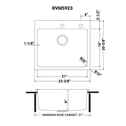 Ruvati 23 x 20 inch Drop-in Topmount Kitchen Sink 16 Gauge Stainless Steel Single Bowl - RVM5923 Ruvati