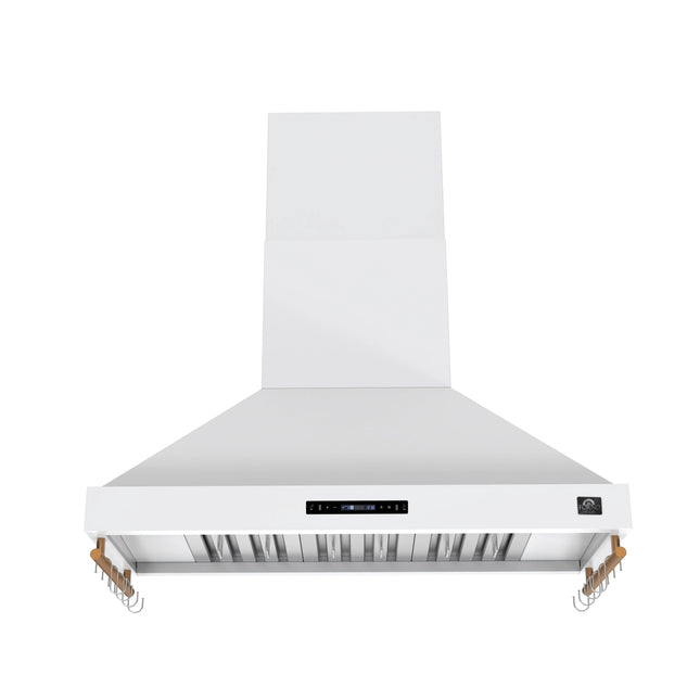 Forno Venezia 48 Inch Wall-Mounted Range Hood in White with Antique Brass Accessories, Touch Controls and Baffle Filters FORNO