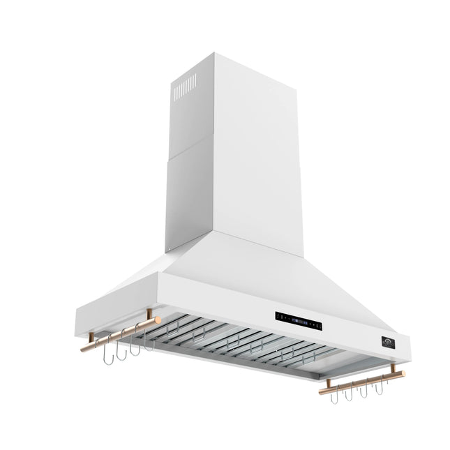 Forno Venezia 48 Inch Wall-Mounted Range Hood in White with Antique Brass Accessories, Touch Controls and Baffle Filters FORNO