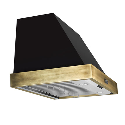 Forno Vittorio 36-Inch Wall Mount Range Hood, Black with Antique Brass Trim, 600 CFM Airflow, Dishwasher-Safe Baffle Filters, Remote Control, 3-Speed Fan, Bright LED Lighting. FORNO