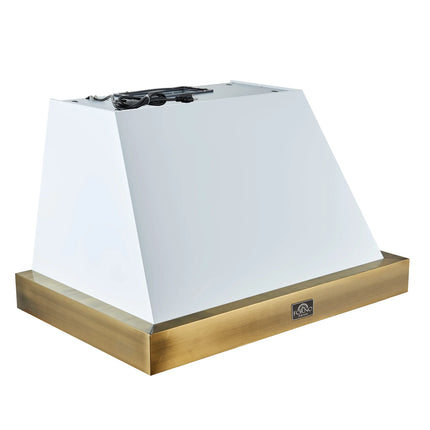 Forno Vittorio 36-Inch Wall Mount Range Hood, White with Antique Brass Trim, 600 CFM Airflow, Dishwasher-Safe Baffle Filters, Remote Control, 3-Speed Fan, Bright LED Lighting. FORNO