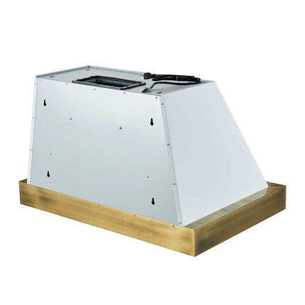 Forno Vittorio 36-Inch Wall Mount Range Hood, White with Antique Brass Trim, 600 CFM Airflow, Dishwasher-Safe Baffle Filters, Remote Control, 3-Speed Fan, Bright LED Lighting. FORNO