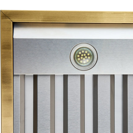 Forno Vittorio 36-Inch Wall Mount Range Hood, White with Antique Brass Trim, 600 CFM Airflow, Dishwasher-Safe Baffle Filters, Remote Control, 3-Speed Fan, Bright LED Lighting. FORNO