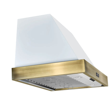 Forno Vittorio 36-Inch Wall Mount Range Hood, White with Antique Brass Trim, 600 CFM Airflow, Dishwasher-Safe Baffle Filters, Remote Control, 3-Speed Fan, Bright LED Lighting. FORNO