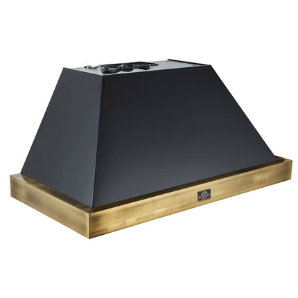 Forno Vittorio 48-Inch Wall Mount Range Hood, Black with Antique Brass Trim, 600 CFM Airflow, Dishwasher-Safe Baffle Filters, Remote Control, 3-Speed Fan, Bright LED Lighting. FORNO