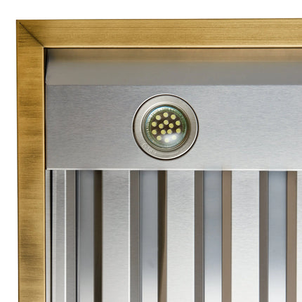Forno Vittorio 48-Inch Wall Mount Range Hood, Black with Antique Brass Trim, 600 CFM Airflow, Dishwasher-Safe Baffle Filters, Remote Control, 3-Speed Fan, Bright LED Lighting. FORNO
