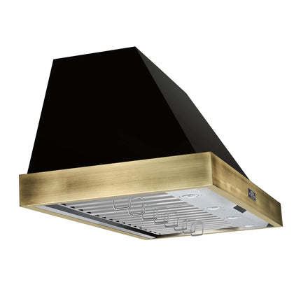 Forno Vittorio 48-Inch Wall Mount Range Hood, Black with Antique Brass Trim, 600 CFM Airflow, Dishwasher-Safe Baffle Filters, Remote Control, 3-Speed Fan, Bright LED Lighting. FORNO