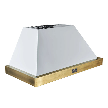 Forno Vittorio 48-Inch Wall Mount Range Hood, White with Antique Brass Trim, 424 CFM Airflow, Dishwasher-Safe Baffle Filters, Remote Control, 3-Speed Fan, Bright LED Lighting FORNO