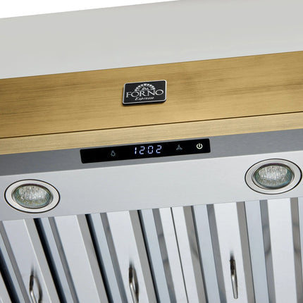 Forno Vittorio 48-Inch Wall Mount Range Hood, White with Antique Brass Trim, 424 CFM Airflow, Dishwasher-Safe Baffle Filters, Remote Control, 3-Speed Fan, Bright LED Lighting FORNO