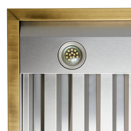 Forno Vittorio 48-Inch Wall Mount Range Hood, White with Antique Brass Trim, 424 CFM Airflow, Dishwasher-Safe Baffle Filters, Remote Control, 3-Speed Fan, Bright LED Lighting FORNO