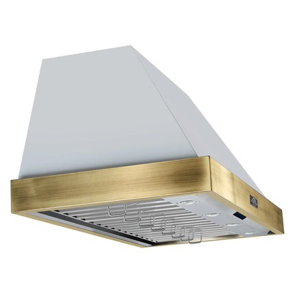 Forno Vittorio 48-Inch Wall Mount Range Hood, White with Antique Brass Trim, 424 CFM Airflow, Dishwasher-Safe Baffle Filters, Remote Control, 3-Speed Fan, Bright LED Lighting FORNO