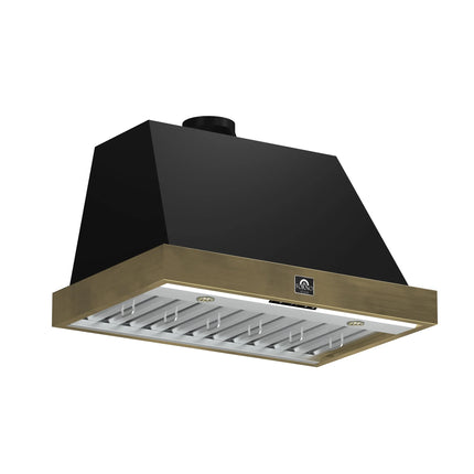 Forno Vittorio 36-Inch Wall Mount Range Hood, Black with Antique Brass Trim, 600 CFM Airflow, Dishwasher-Safe Baffle Filters, Remote Control, 3-Speed Fan, Bright LED Lighting. FORNO