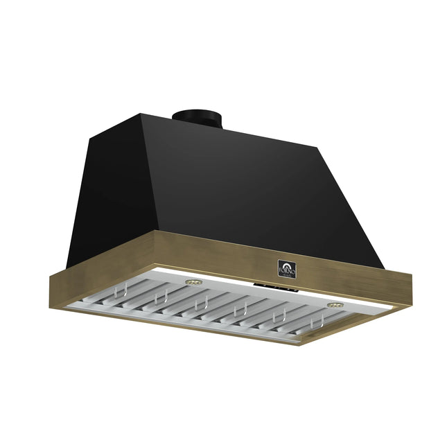 Forno Vittorio 36-Inch Wall Mount Range Hood, Black with Antique Brass Trim, 600 CFM Airflow, Dishwasher-Safe Baffle Filters, Remote Control, 3-Speed Fan, Bright LED Lighting. FORNO