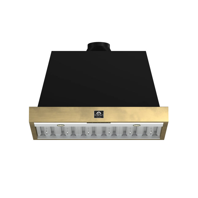 Forno Vittorio 36-Inch Wall Mount Range Hood, Black with Antique Brass Trim, 600 CFM Airflow, Dishwasher-Safe Baffle Filters, Remote Control, 3-Speed Fan, Bright LED Lighting. FORNO