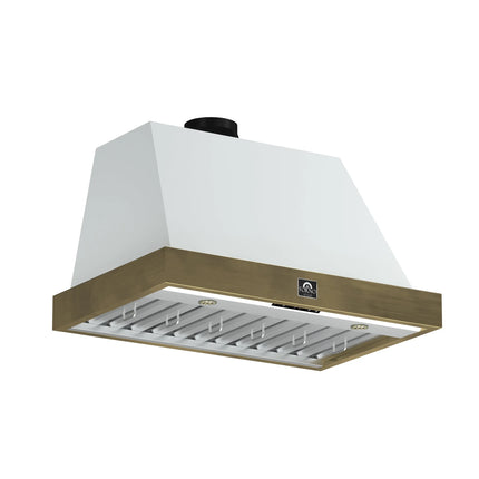 Forno Vittorio 36-Inch Wall Mount Range Hood, White with Antique Brass Trim, 600 CFM Airflow, Dishwasher-Safe Baffle Filters, Remote Control, 3-Speed Fan, Bright LED Lighting. FORNO