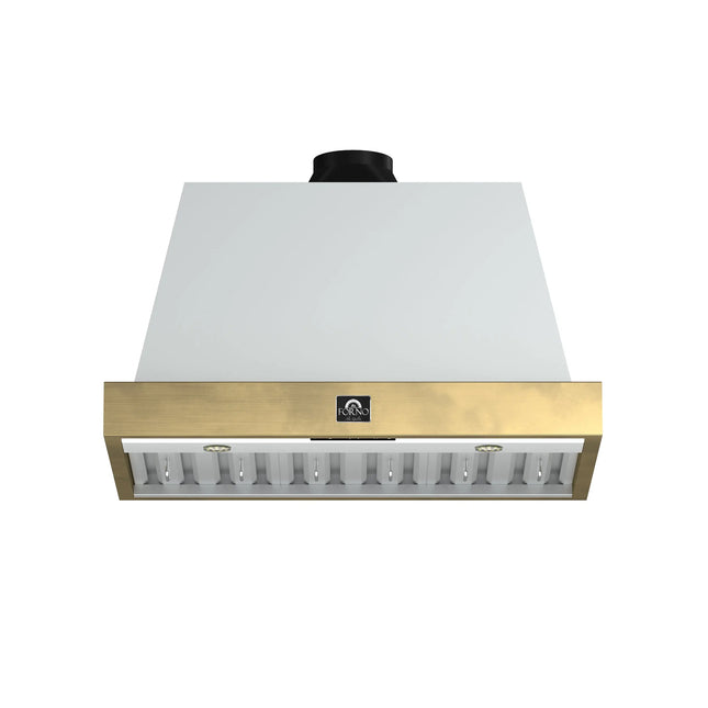 Forno Vittorio 36-Inch Wall Mount Range Hood, White with Antique Brass Trim, 600 CFM Airflow, Dishwasher-Safe Baffle Filters, Remote Control, 3-Speed Fan, Bright LED Lighting. FORNO