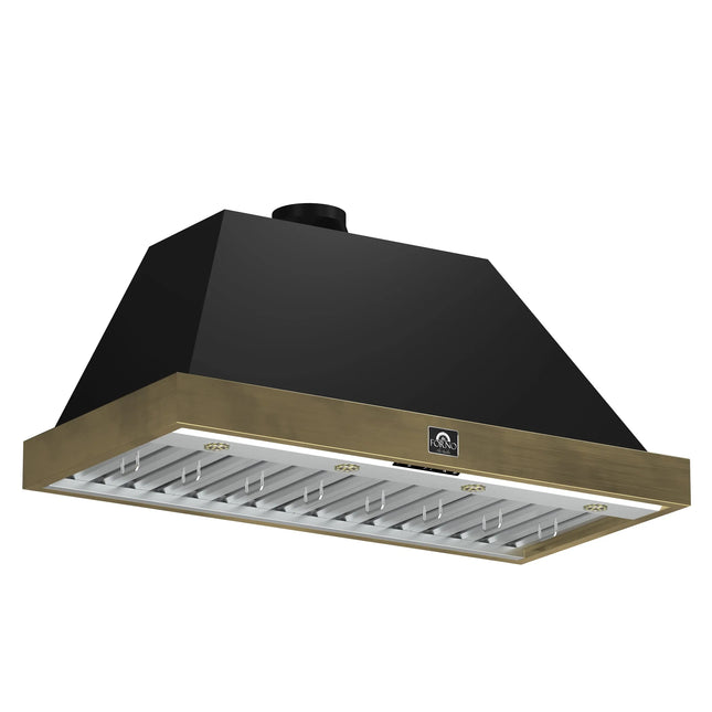 Forno Vittorio 48-Inch Wall Mount Range Hood, Black with Antique Brass Trim, 600 CFM Airflow, Dishwasher-Safe Baffle Filters, Remote Control, 3-Speed Fan, Bright LED Lighting. FORNO