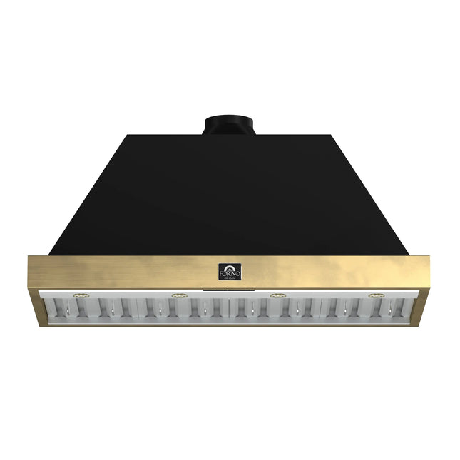 Forno Vittorio 48-Inch Wall Mount Range Hood, Black with Antique Brass Trim, 600 CFM Airflow, Dishwasher-Safe Baffle Filters, Remote Control, 3-Speed Fan, Bright LED Lighting. FORNO