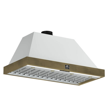 Forno Vittorio 48-Inch Wall Mount Range Hood, White with Antique Brass Trim, 424 CFM Airflow, Dishwasher-Safe Baffle Filters, Remote Control, 3-Speed Fan, Bright LED Lighting FORNO