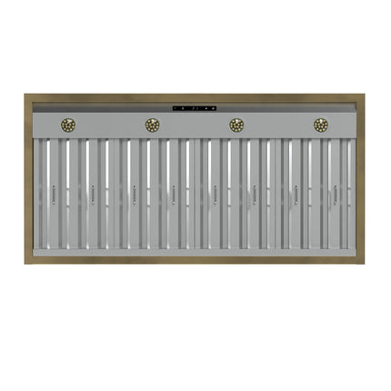 Forno Vittorio 48-Inch Wall Mount Range Hood, White with Antique Brass Trim, 424 CFM Airflow, Dishwasher-Safe Baffle Filters, Remote Control, 3-Speed Fan, Bright LED Lighting FORNO
