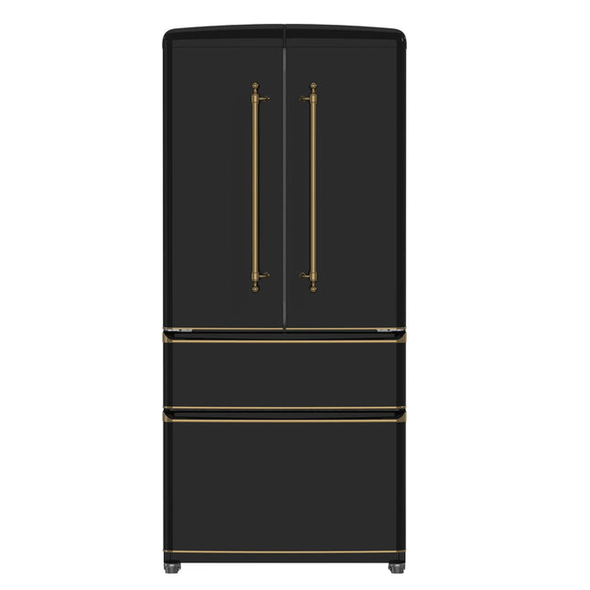 Forno Luigi 33-Inch French Door Refrigerator, 18 cu.ft, Black Finish, Antique Brass Handles, ENERGY STAR Certified FORNO