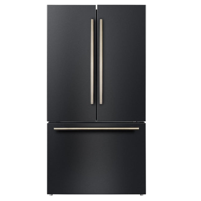 Forno Rivello 36 Inch French Door Refrigerator in Black with Antique Brass, Internal Water Dispenser, Filtered Ice, Adjustable Shelves, Energy Star Certified FORNO