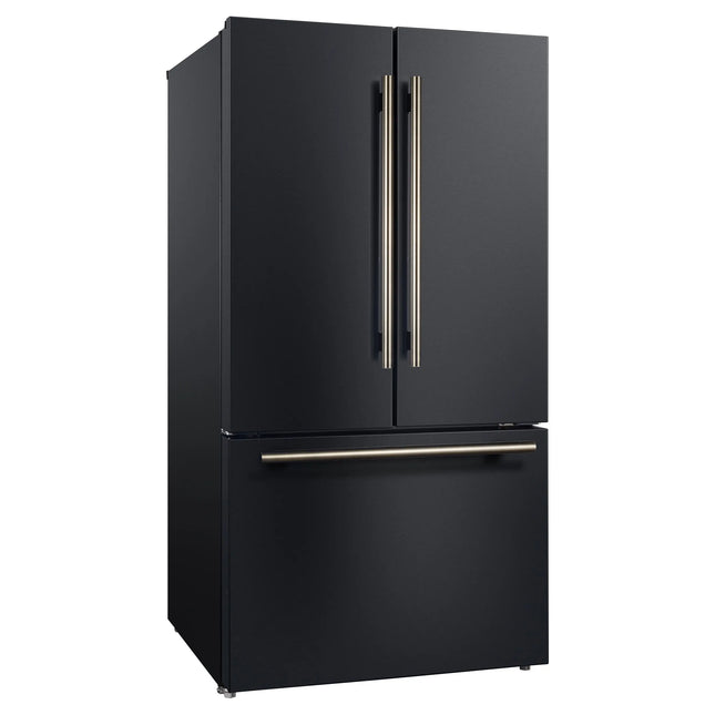 Forno Rivello 36 Inch French Door Refrigerator in Black with Antique Brass, Internal Water Dispenser, Filtered Ice, Adjustable Shelves, Energy Star Certified FORNO