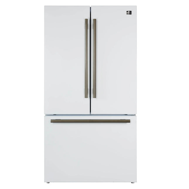 Forno Rivello 36 Inch French Door Refrigerator in White with Antique Brass, Internal Water Dispenser, Filtered Ice, Adjustable Shelves, Energy Star Certified FORNO