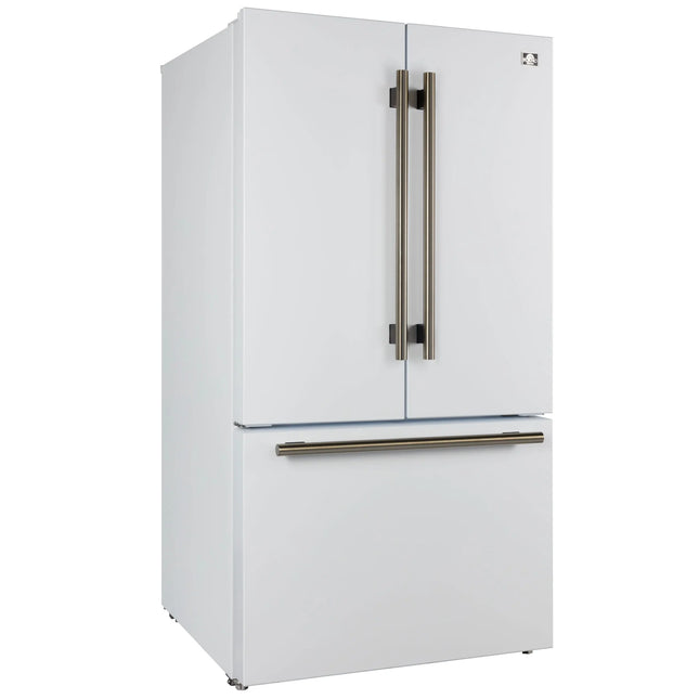 Forno Rivello 36 Inch French Door Refrigerator in White with Antique Brass, Internal Water Dispenser, Filtered Ice, Adjustable Shelves, Energy Star Certified FORNO