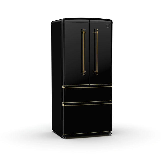 Forno Luigi 33-Inch French Door Refrigerator, 18 cu.ft, Black Finish, Antique Brass Handles, ENERGY STAR Certified FORNO