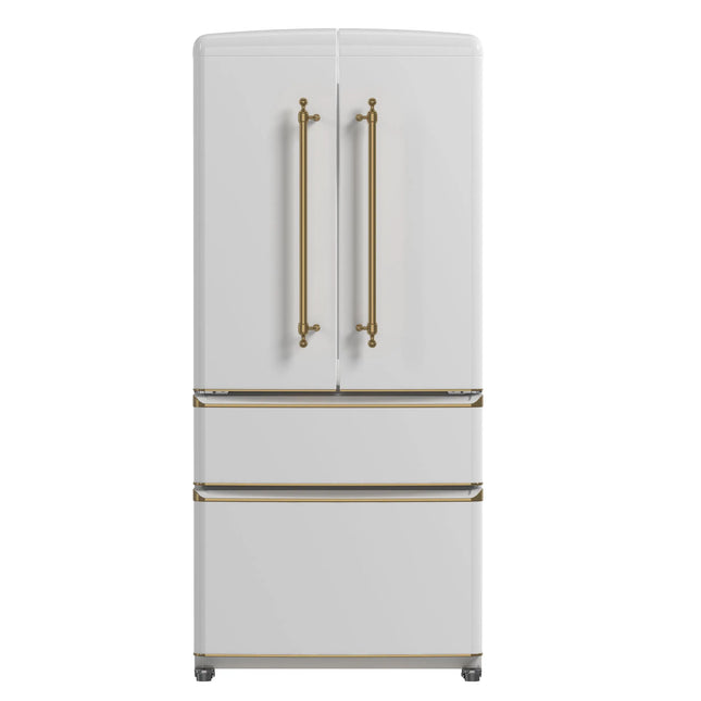 Forno Luigi 33-Inch French Door Refrigerator, 18 cu.ft, White Finish, Antique Brass Handles, ENERGY STAR Certified FORNO
