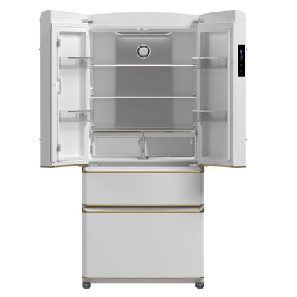 Forno Luigi 33-Inch French Door Refrigerator, 18 cu.ft, White Finish, Antique Brass Handles, ENERGY STAR Certified FORNO