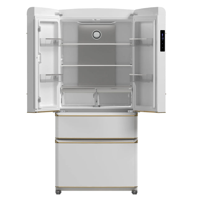 Forno Luigi 33-Inch French Door Refrigerator, 18 cu.ft, White Finish, Antique Brass Handles, ENERGY STAR Certified FORNO