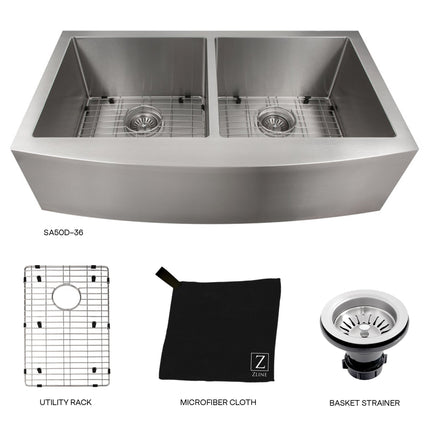 ZLINE 36 in. Niseko Farmhouse Apron Mount Double Bowl Stainless Steel Kitchen Sink with Bottom Grid (SA50D-36)
