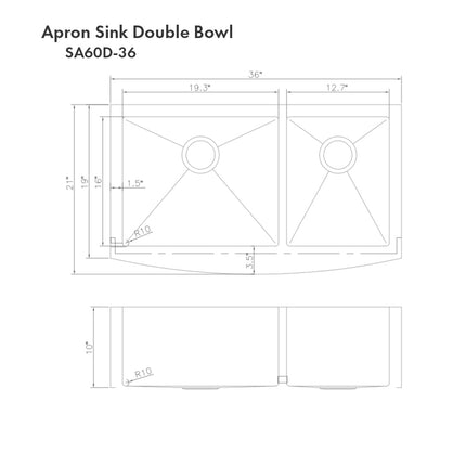 ZLINE 36 in. Courchevel Farmhouse Apron Mount Double Bowl Stainless Steel Kitchen Sink with Bottom Grid (SA60D-36)
