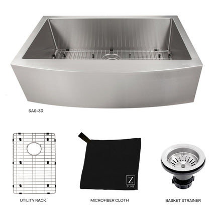ZLINE 33 in. Vail Farmhouse Apron Mount Single Bowl Stainless Steel Kitchen Sink with Bottom Grid (SAS-33)