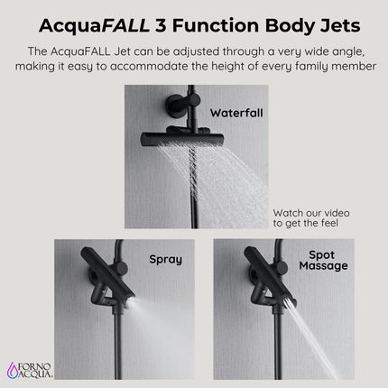 Forno Acqua AcquaFALL Shower, Matte Black Finish, Overhead Rainfall Shower, 7 Way Diverter, Handheld Shower Head, Body Jets, 2.5 GPM Flow Rate FORNO ACQUA