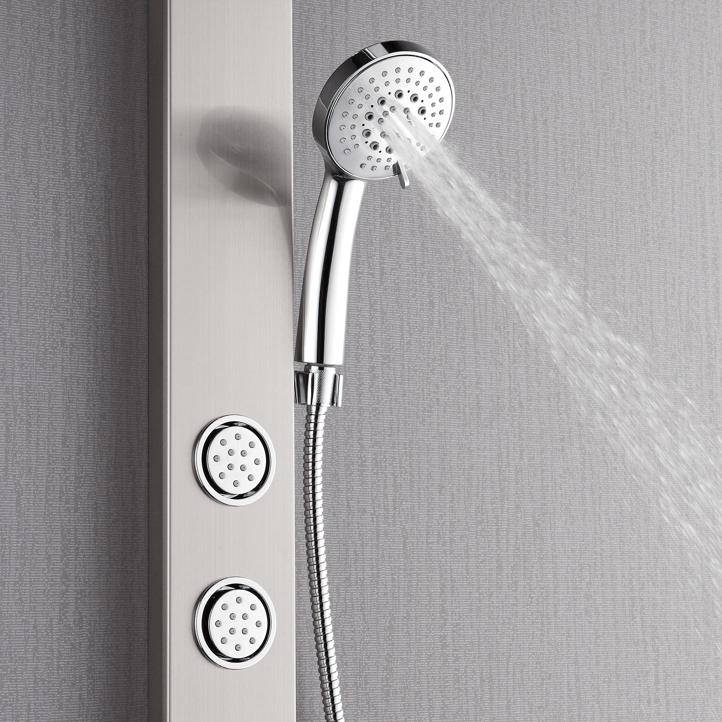 Forno Acqua AcquaSPA Shower Panel in Stainless Steel, Overhead Rainfall Shower, Handheld Shower Head, Body Jets, 1.8 GPM Flow Rate