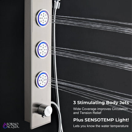 Forno Acqua AcquaSpa Shower Panel with SensoTemp, Stainless Steel, Overhead Rainfall Shower, Handheld Shower Head, Body Jets, 2.5 GPM Flow Rate FORNO ACQUA