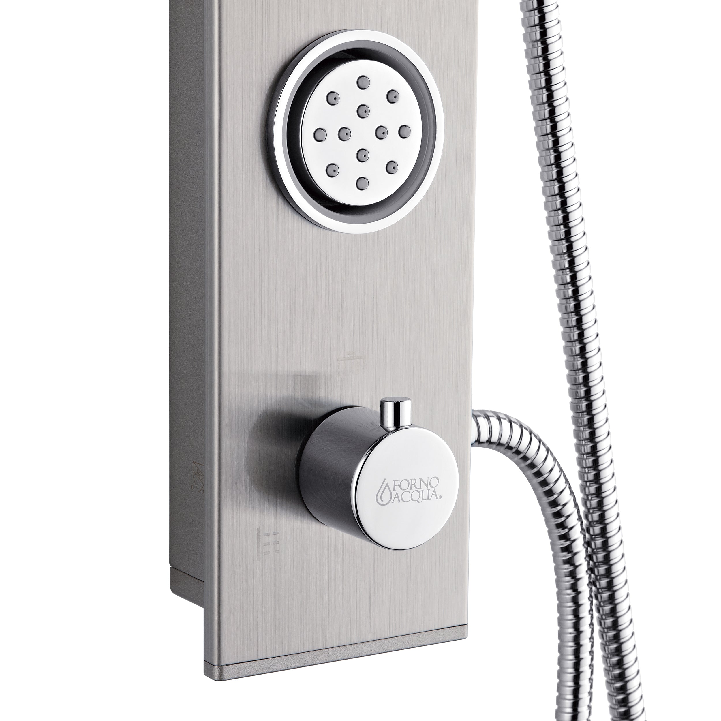 Forno Acqua AcquaSpa Shower Panel with SensoTemp, Stainless Steel, Overhead Rainfall Shower, Handheld Shower Head, Body Jets, 2.5 GPM Flow Rate