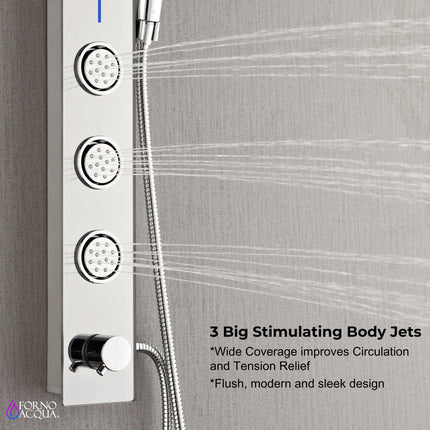 Forno Acqua AcquaSPA Shower Panel with SensoTEMP, Mirrored Stainless Steel Finish, Overhead Rainfall Shower, Handheld Shower Head, Body Jets, 2.5 GPM Flow Rate FORNO ACQUA