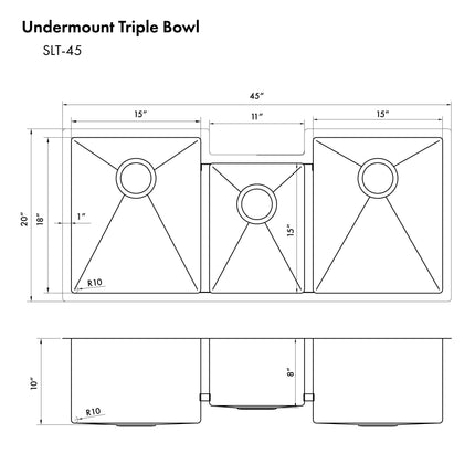 ZLINE 45 in. Breckenridge Undermount Triple Bowl Stainless Steel Kitchen Sink with Bottom Grid and Accessories (SLT-45)