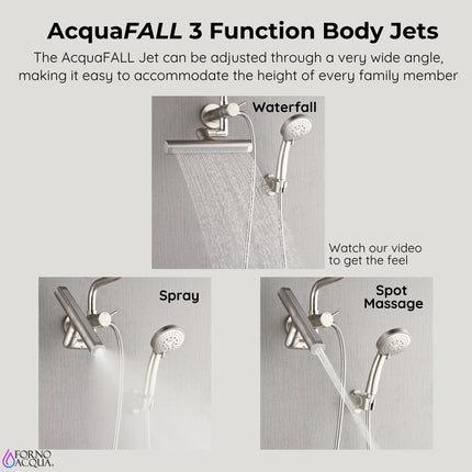 Forno Acqua AcquaFALL Mini Shower Head, Brushed Nickel Finish, Overhead Rainfall Shower, 7 Way Diverter, Handheld Shower Head, Body Jets, 2.5 GPM Flow Rate FORNO ACQUA