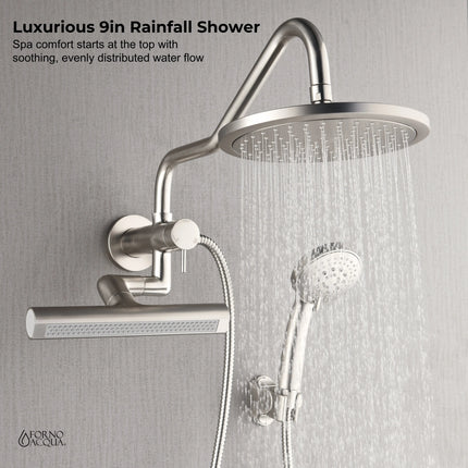 Forno Acqua AcquaFALL Mini Shower Head, Brushed Nickel Finish, Overhead Rainfall Shower, 7 Way Diverter, Handheld Shower Head, Body Jets, 2.5 GPM Flow Rate FORNO ACQUA
