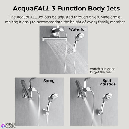 Forno Acqua AcquaFALL Mini Shower Head, Polished Stainless Steel Finish, Overhead Rainfall Shower, 7 Way Diverter, Handheld Shower Head, Body Jets, 1.8 GPM Flow Rate FORNO ACQUA