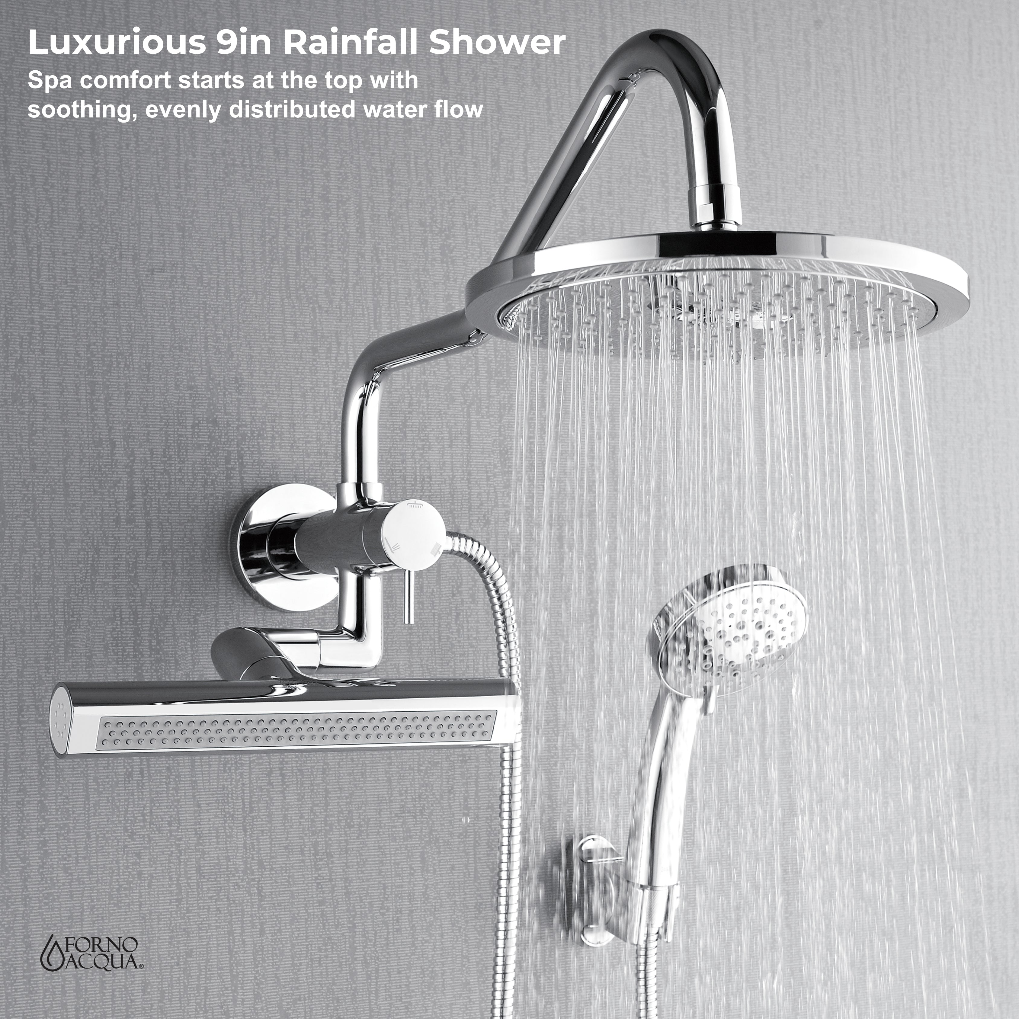 Forno Acqua AcquaFALL Mini Shower Head, Polished Stainless Steel Finish, Overhead Rainfall Shower, 7 Way Diverter, Handheld Shower Head, Body Jets, 1.8 GPM Flow Rate